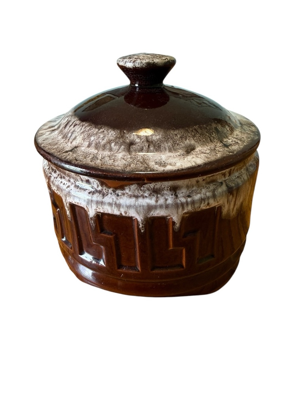 Vtg Brown Drip Covered Soup Bowl/Crock with Lid 5”